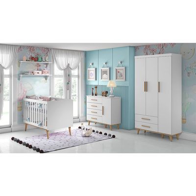 Kit-Quarto-Infantil-Ludmila-Branco---Berco---Comoda-com-Porta---Guarda-Roupa