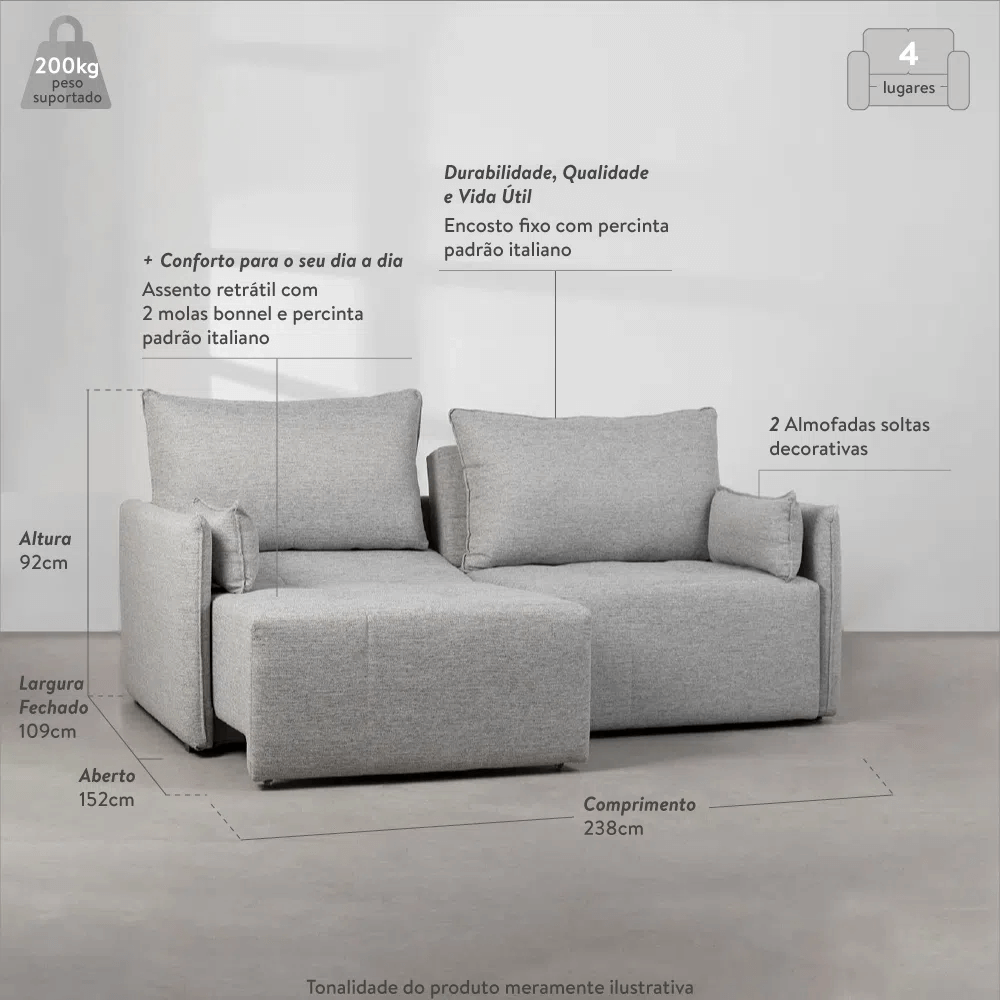 Sofá Ming Trama Miúda Cinza Claro – 1,98m | Abra Cadabra