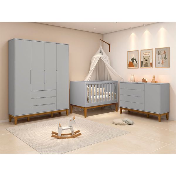 kit-quarto-infantil-elfe-cinza-fosco-comoda-4-gavetas-e-1-porta---guarda-roupa---berco-noah-com-pes-square-em-madeira