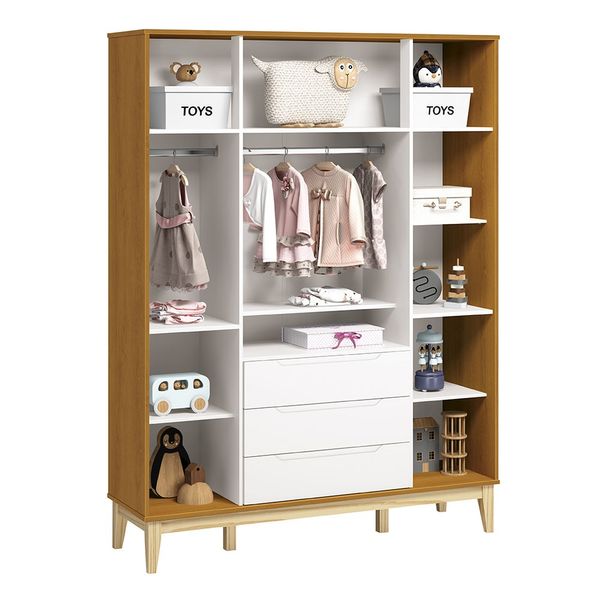 kit-quarto-infantil-elfe-branco-fosco-e-savana---comoda-4-gavetas-e-1-porta---guarda-roupa---berco-n-armario-aberto