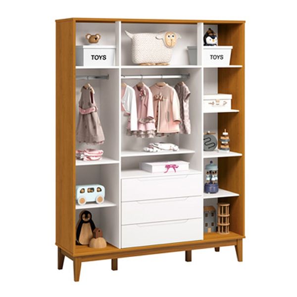 kit-quarto-infantil-elfe-branco-fosco-e-savana---comoda-4-gavetas-e-1-porta---guarda-roupa---berco-n-armario-aberto