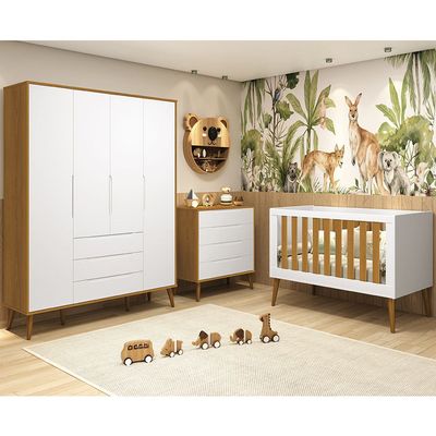 kit-quarto-infantil-elfe-branco-fosco-e-savana---comoda-4-gavetas---guarda-roupa---berco-noah-com-pe-principal