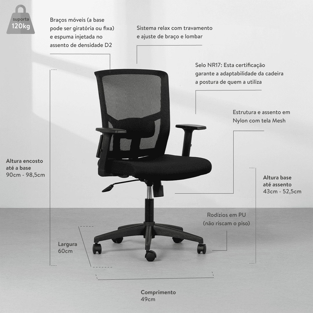 stretch4 チェア Cadeira de Escritório França Giratória com Braço - Preto | Abra