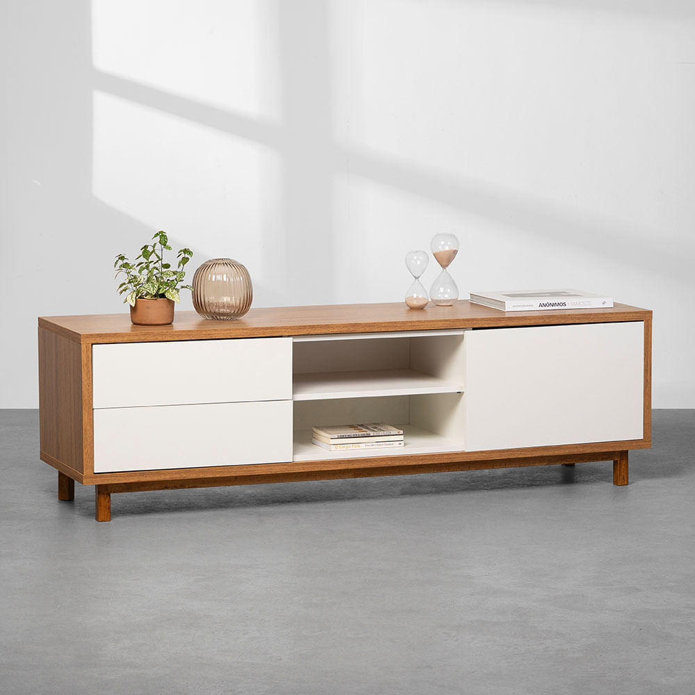 Rack Zorro 2 Gavetas 1 Porta Freijó e Branco - 1,60m | Abra Cadabra