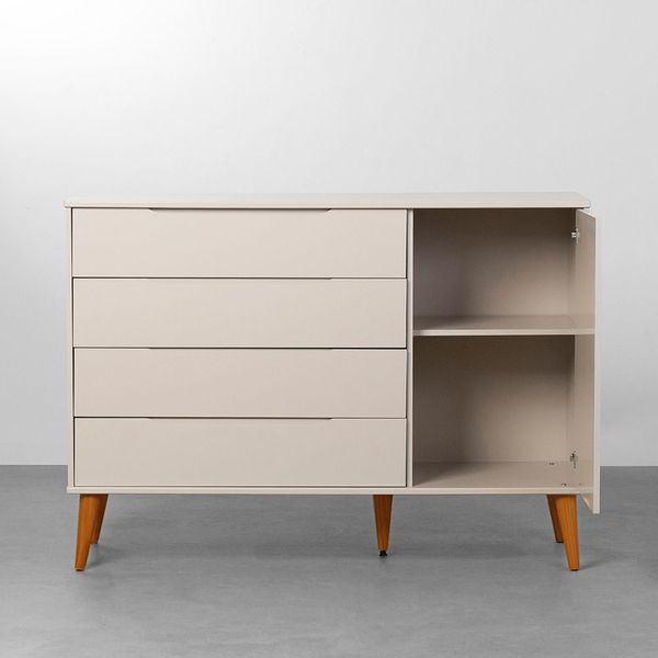 comoda-4-gavetas-com-portas-elfe-areia-fosco-pe-retro-em-madeira-porta-aberta