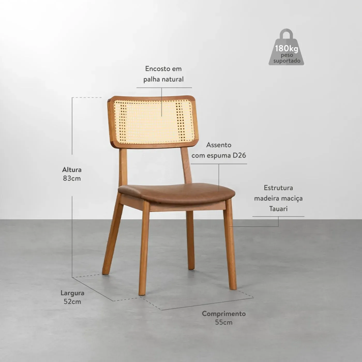 Cadeira Lalá Encosto Palha Creme - Cognac | Abra Cadabra