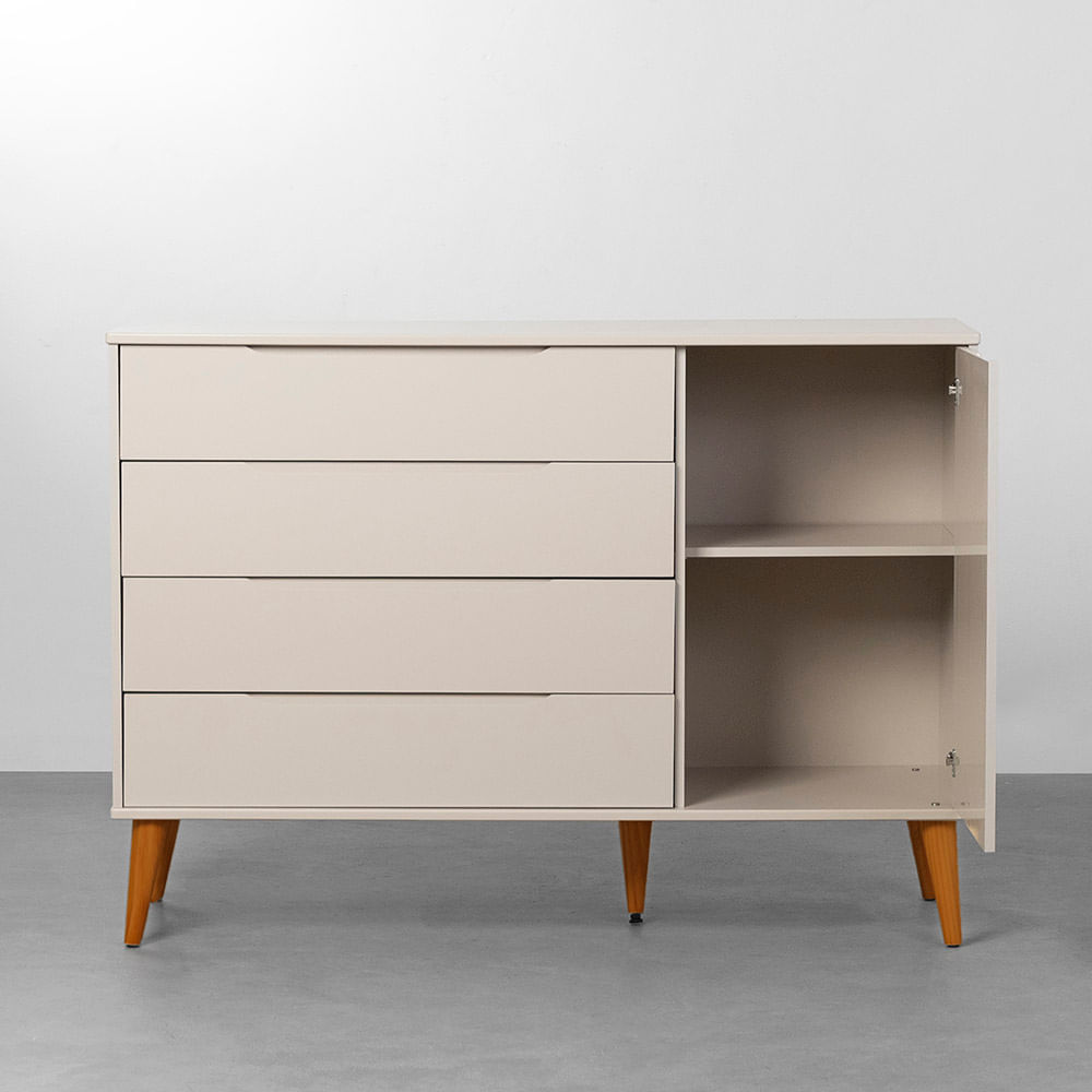 comoda-4-gavetas-com-portas-elfe-areia-fosco-pe-retro-em-madeira-porta-aberta