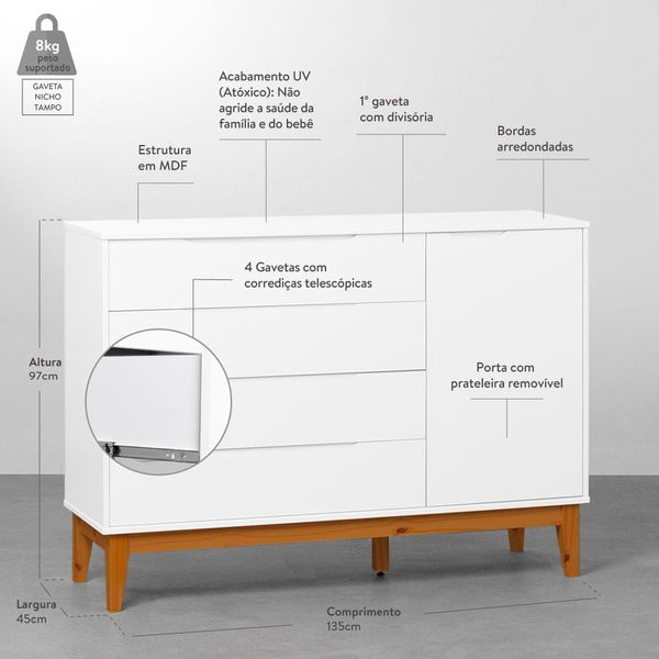 kit-quarto-infantil-elfe-branco-fosco-e-savana---comoda-4-gavetas-e-1-porta---guarda-roupa---berco-n-comoda